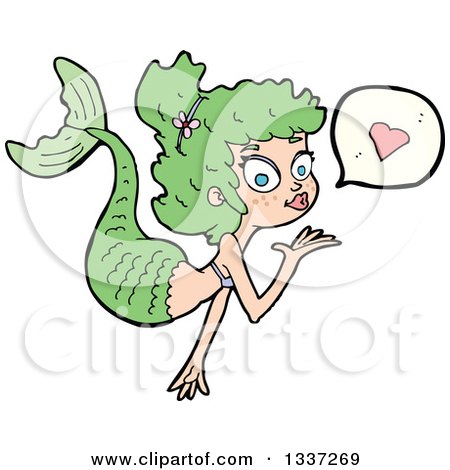 Clipart of a Cartoon White Mermaid Blowing a Kiss with a Heart - Royalty Free Vector Illustration by lineartestpilot