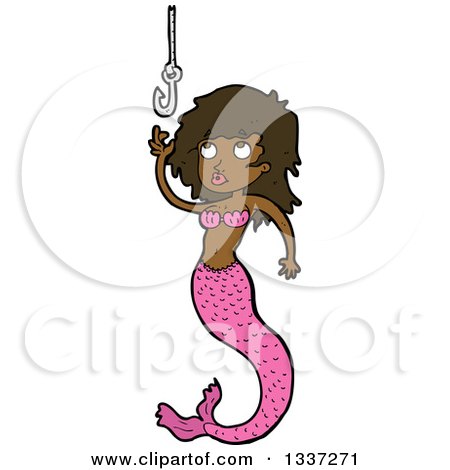 Clipart of a Cartoon Black Mermaid Reaching for a Hook - Royalty Free Vector Illustration by lineartestpilot