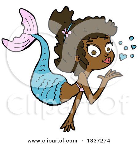 Clipart of a Cartoon Black Mermaid Blowing a Kiss - Royalty Free Vector Illustration by lineartestpilot