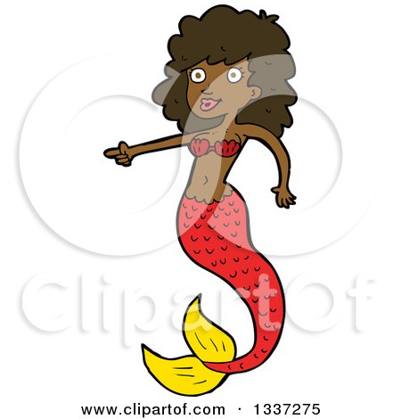 Clipart of a Cartoon Black Topless Mermaid Pointing - Royalty Free Vector Illustration by lineartestpilot