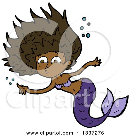 Clipart of a Cartoon Black Purple Black Mermaid Swimming and Pointing - Royalty Free Vector Illustration by lineartestpilot