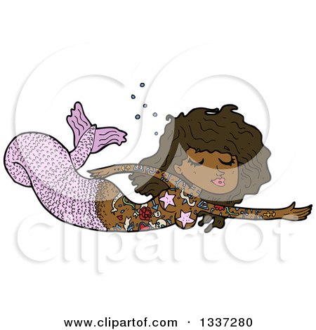 Clipart of a Cartoon Black Topless Tattooed Mermaid Swimming - Royalty Free Vector Illustration by lineartestpilot