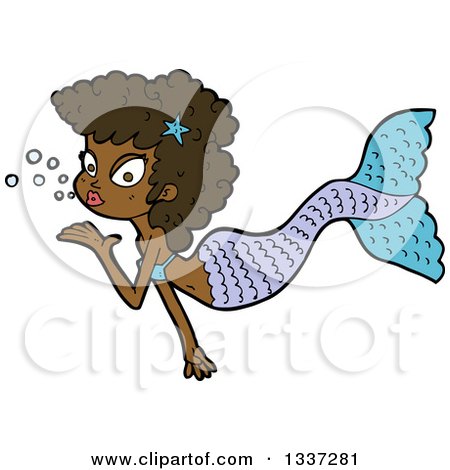 Clipart of a Cartoon Black Mermaid Blowing a Kiss 2 - Royalty Free Vector Illustration by lineartestpilot