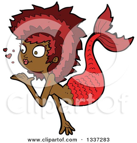 Clipart of a Cartoon Black Mermaid Blowing a Kiss 3 - Royalty Free Vector Illustration by lineartestpilot