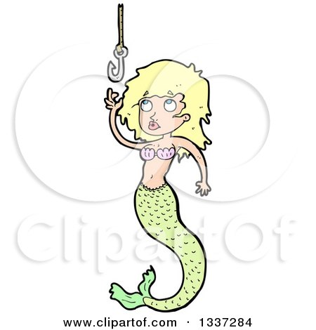 Clipart of a Cartoon Blond White Mermaid Reaching for a Hook - Royalty Free Vector Illustration by lineartestpilot