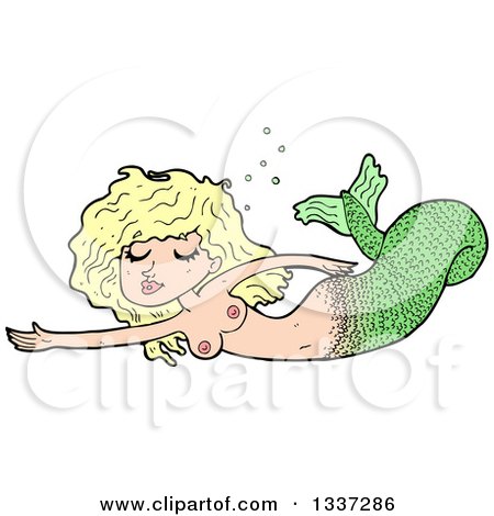 Clipart of a Cartoon Topless Blond White Mermaid Swimming - Royalty Free Vector Illustration by lineartestpilot