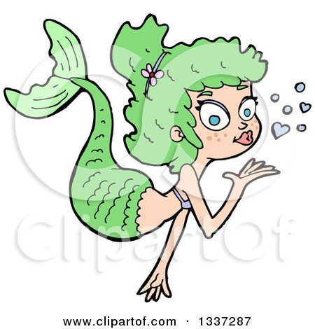 Clipart of a Cartoon Green White Mermaid Blowing a Kiss - Royalty Free Vector Illustration by lineartestpilot