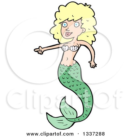 Clipart of a Cartoon Blond White Mermaid Pointing - Royalty Free Vector Illustration by lineartestpilot