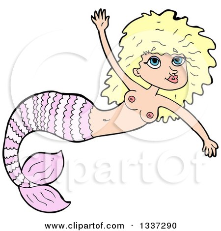 Clipart of a Cartoon Topless Pink Blond White Mermaid Swimming - Royalty Free Vector Illustration by lineartestpilot