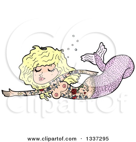 Clipart of a Cartoon Tattooed Topless Pink Blond White Mermaid Swimming - Royalty Free Vector Illustration by lineartestpilot