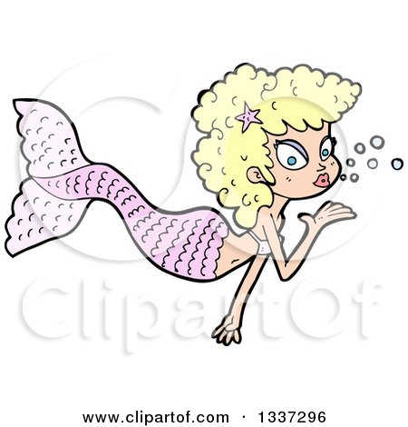 Clipart of a Cartoon Blond White Mermaid Blowing a Kiss - Royalty Free Vector Illustration by lineartestpilot