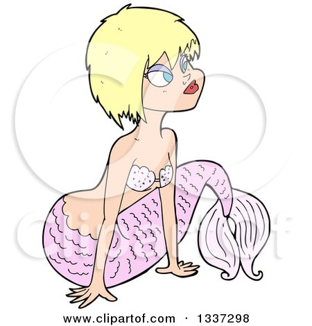 Clipart of a Cartoon Pink Blond White Mermaid Pushing Herself up with Her Arms - Royalty Free Vector Illustration by lineartestpilot