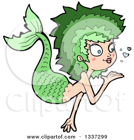 Clipart of a Cartoon Green White Mermaid Blowing a Kiss 2 - Royalty Free Vector Illustration by lineartestpilot