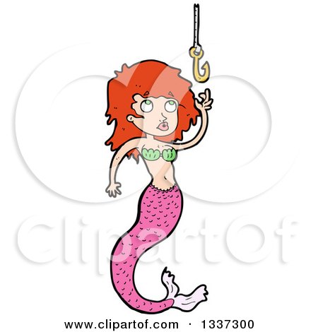 Clipart of a Cartoon Red Haired White Mermaid Reaching for a Hook 2 - Royalty Free Vector Illustration by lineartestpilot