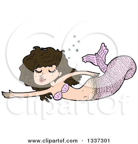 Clipart of a Cartoon Pink Brunette White Mermaid Swimming - Royalty Free Vector Illustration by lineartestpilot