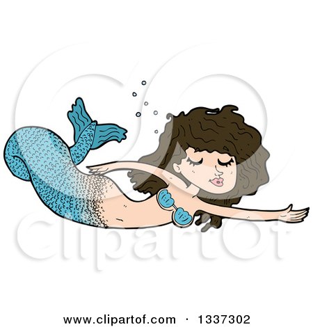 Clipart of a Cartoon Blue Brunette White Mermaid Swimming - Royalty Free Vector Illustration by lineartestpilot