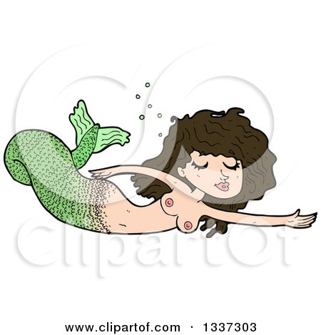 Clipart of a Cartoon Topless Green Brunette White Mermaid Swimming - Royalty Free Vector Illustration by lineartestpilot