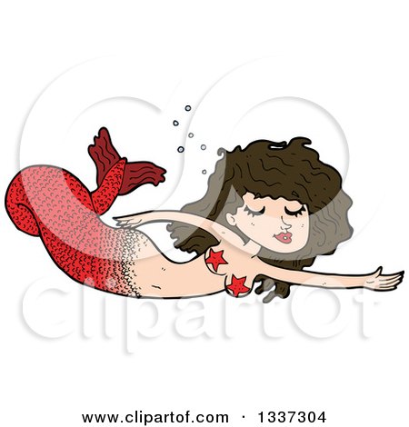 Clipart of a Cartoon Red Brunette White Mermaid Swimming - Royalty Free Vector Illustration by lineartestpilot