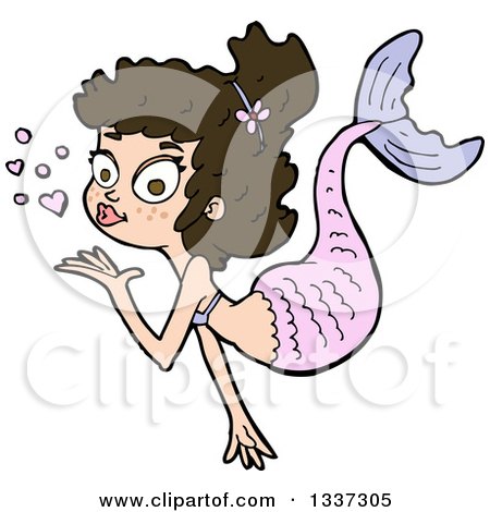 Clipart of a Cartoon Brunette White Mermaid Blowing a Kiss - Royalty Free Vector Illustration by lineartestpilot