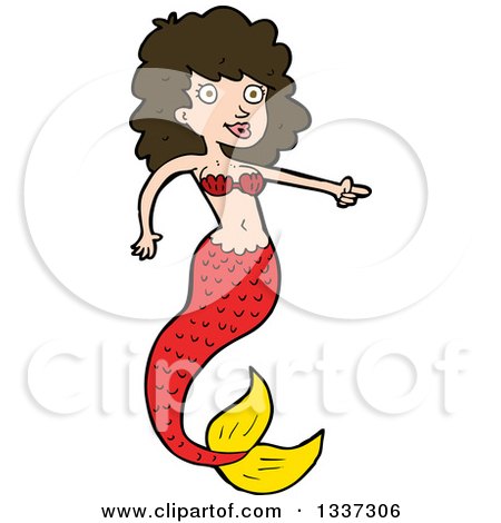 Clipart of a Cartoon Red Brunette White Mermaid Pointing - Royalty Free Vector Illustration by lineartestpilot