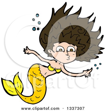 Clipart of a Cartoon Yellow Brunette White Mermaid Swimming and Pointing - Royalty Free Vector Illustration by lineartestpilot