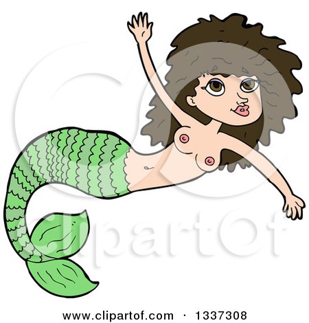 Clipart of a Cartoon Topless Green Brunette White Mermaid Swimming 2 - Royalty Free Vector Illustration by lineartestpilot