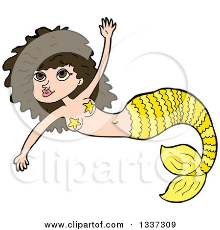 Clipart of a Cartoon Yellow Brunette White Mermaid Swimming - Royalty Free Vector Illustration by lineartestpilot