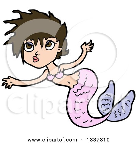 Clipart of a Cartoon Pink Brunette White Mermaid Swimming 2 - Royalty Free Vector Illustration by lineartestpilot