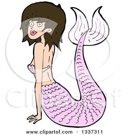 Clipart of a Cartoon Pink Brunette White Mermaid Pushing Herself up with Her Arms - Royalty Free Vector Illustration by lineartestpilot