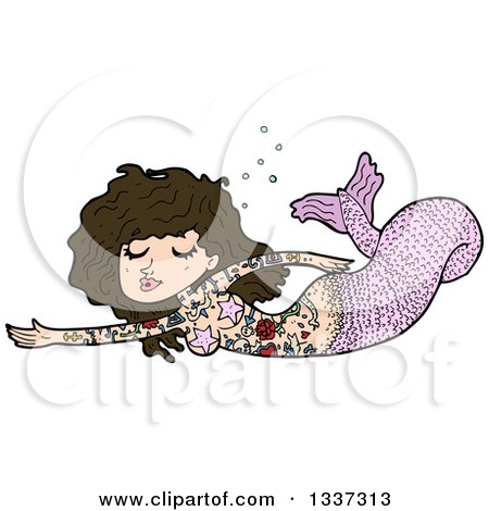 Clipart of a Cartoon Tattooed Pink Brunette White Mermaid Swimming - Royalty Free Vector Illustration by lineartestpilot
