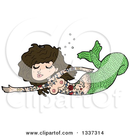 Clipart of a Cartoon Green Topless Tattooed Brunette White Mermaid Swimming - Royalty Free Vector Illustration by lineartestpilot