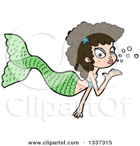 Clipart of a Cartoon Brunette White Mermaid Blowing a Kiss 2 - Royalty Free Vector Illustration by lineartestpilot