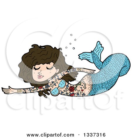 Clipart of a Cartoon Blue Tattooed Brunette White Mermaid Swimming - Royalty Free Vector Illustration by lineartestpilot