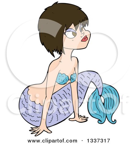 Clipart of a Cartoon Purple and Blue Brunette White Mermaid Pushing Herself up with Her Arms - Royalty Free Vector Illustration by lineartestpilot