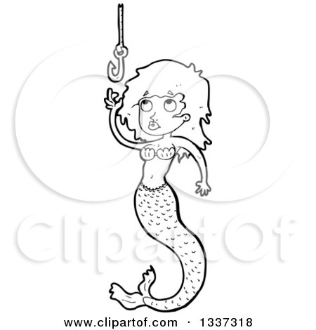 Lineart Clipart of a Cartoon Black and White Mermaid Reaching for a Hook - Royalty Free Outline Vector Illustration by lineartestpilot
