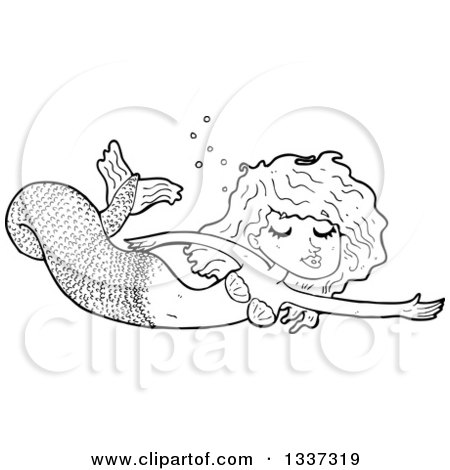 Lineart Clipart of a Cartoon Black and White Mermaid Swimming - Royalty Free Outline Vector Illustration by lineartestpilot