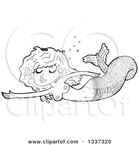 Lineart Clipart of a Cartoon Black and White Topless Mermaid Swimming - Royalty Free Outline Vector Illustration by lineartestpilot
