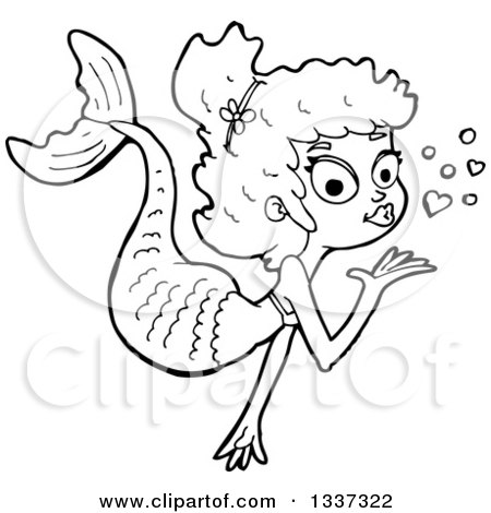 Lineart Clipart of a Cartoon Black and White Mermaid Blowing a Kiss - Royalty Free Outline Vector Illustration by lineartestpilot