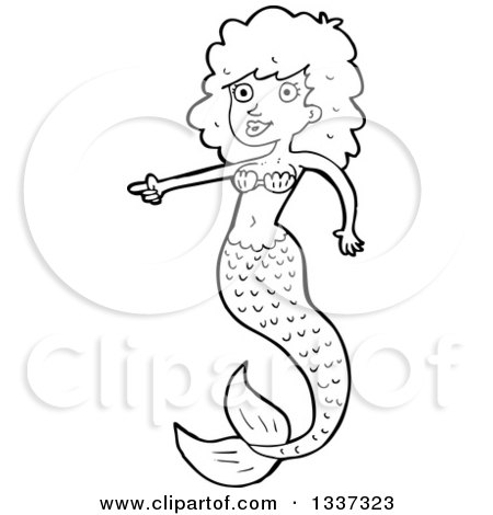 Lineart Clipart of a Cartoon Black and White Mermaid Pointing - Royalty Free Outline Vector Illustration by lineartestpilot