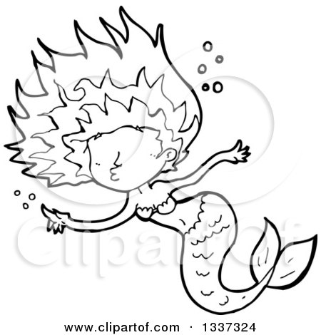 Lineart Clipart of a Cartoon Black and White Mermaid Swimming 4 - Royalty Free Outline Vector Illustration by lineartestpilot