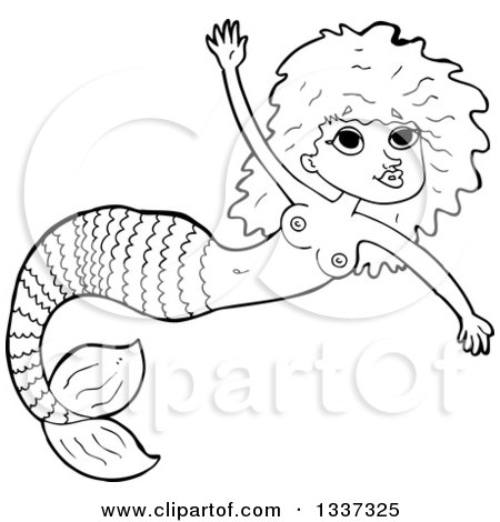 Lineart Clipart of a Cartoon Black and White Topless Mermaid Swimming 2 - Royalty Free Outline Vector Illustration by lineartestpilot