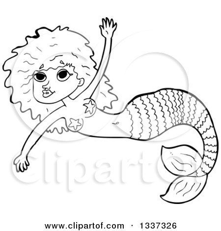 Lineart Clipart of a Cartoon Black and White Mermaid Swimming 5 - Royalty Free Outline Vector Illustration by lineartestpilot