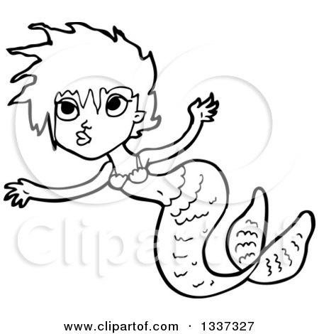 Lineart Clipart of a Cartoon Black and White Mermaid Swimming 6 - Royalty Free Outline Vector Illustration by lineartestpilot