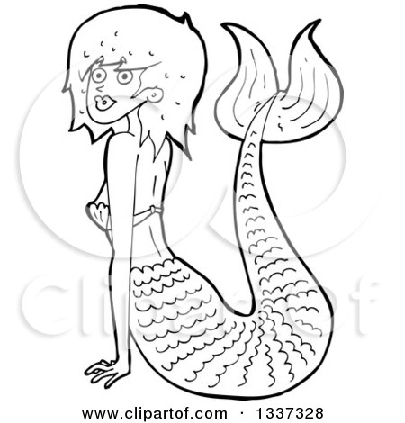 Lineart Clipart of a Cartoon Black and White Mermaid Propped up with Her Arms - Royalty Free Outline Vector Illustration by lineartestpilot