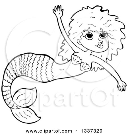 Lineart Clipart of a Cartoon Black and White Mermaid Swimming 3 - Royalty Free Outline Vector Illustration by lineartestpilot