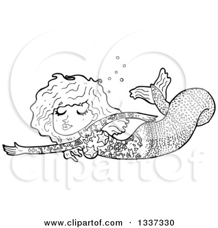 Lineart Clipart of a Cartoon Black and White Tattooed Mermaid Swimming - Royalty Free Outline Vector Illustration by lineartestpilot