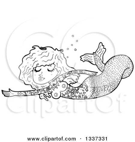 Lineart Clipart of a Cartoon Black and White Tattooed Topless Mermaid Swimming - Royalty Free Outline Vector Illustration by lineartestpilot