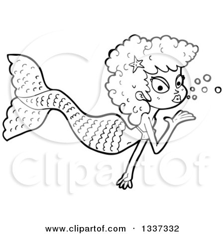 Lineart Clipart of a Cartoon Black and White Mermaid Blowing a Kiss 3 - Royalty Free Outline Vector Illustration by lineartestpilot