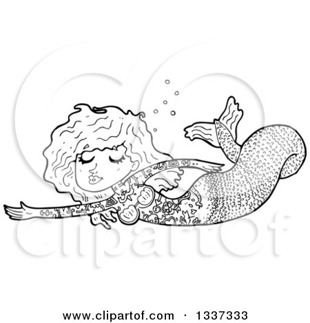 Lineart Clipart of a Cartoon Black and White Tattooed Mermaid Swimming 2 - Royalty Free Outline Vector Illustration by lineartestpilot