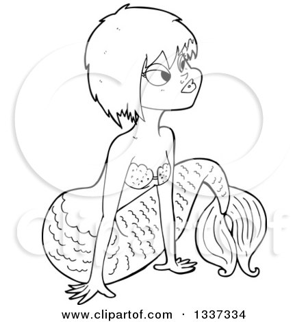Lineart Clipart of a Cartoon Black and White Mermaid Propped up with Her Arms 2 - Royalty Free Outline Vector Illustration by lineartestpilot